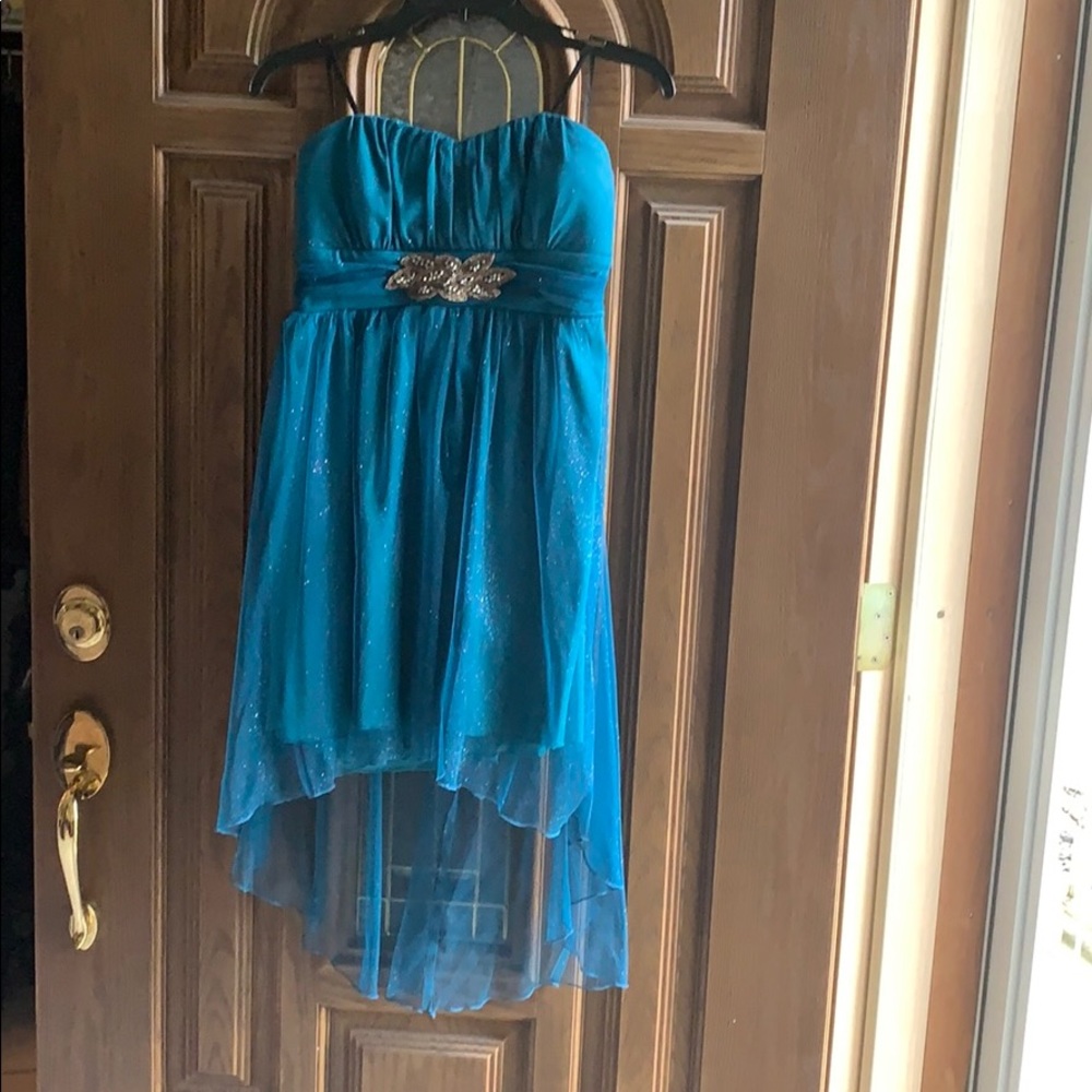 Teal high/low strapless homecoming dress